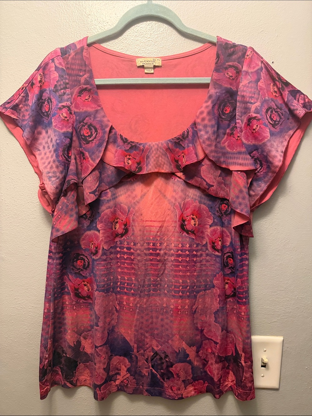 ONE WORLD Pink and Purple Floral Ruffle Top